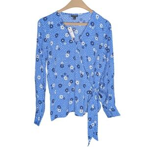 Talbots Blue Floral Polka Faux Wrap Blouse Tie Waist Long Sleeve NWT Petite XL